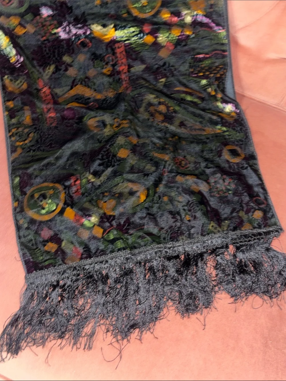 Stunning Vintage velvet burnout table runner fringe rich multicolor patterned